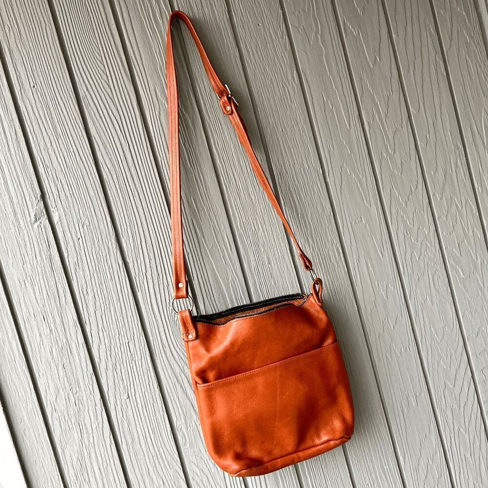 VTG Cognac Orange Full Grain Leather Crossbody Bag Adjustable Strap Handmade